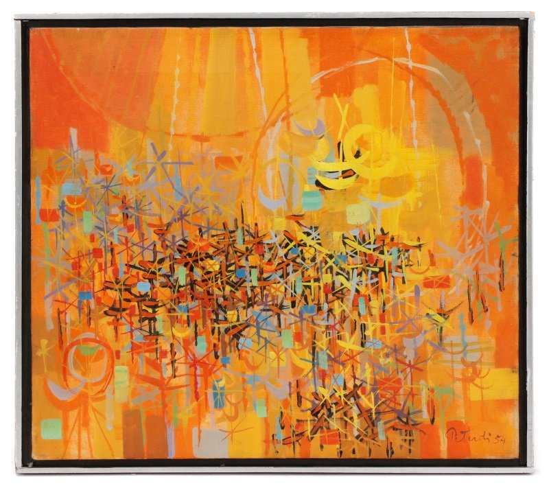 Gabor F. Peterdi, Orange and Yellow Abstract, Oil: Gabor F. Peterdi (Hungarian (active America), 1915-2001), "Orange and Yellow"-1954, oil on canvas, signed and dated lower right "Peterdi 54", verso with inscription "Peterdi 54". Playful abstract expr