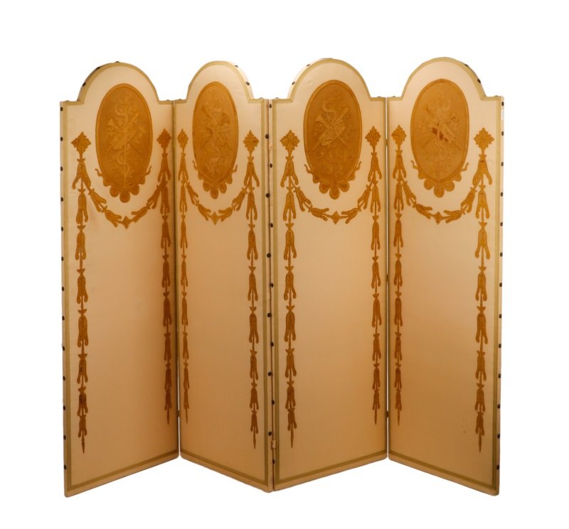 19th C. Style Four Panel Ecru Silk Floor Screen (1 of 5)