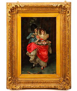 Pio Ricci, The Lovers, Oil On Canvas: Pio Ricci (Italian, 1850-1919), "The Lovers", oil on canvas, signed indistinctly at lower right "Pio Ricci", with inscription to verso "The Lovers Pio Ricci Made In Italy". Figural genre scene depicti