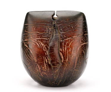 Peter Hayes Ceramic Sculpture, Signed & Dated: Peter Hayes (British, b. 1946- ), circa 2000. Raku ceramic sculpture of tapered form with pierced circular recesses with notch at top center, body in black, dark brown to brick red with crevices and c