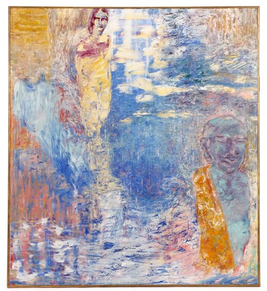 Elizabeth Cain, "Bathing With Buddha", Oil, 1985: Elizabeth Cain (American, b. 1949-), "Bathing with Buddha"-1985, oil on canvas, signed, dated and titled to verso "Elizabeth Cain (c) 1985 "BATHING WITH BUDDHA 60" x 54"", with artist's business card 