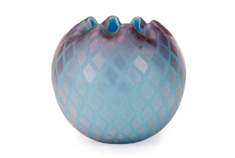 Manner of Webb Air Trap Art Glass Rose Bowl: Manner of Thomas Webb (English, 1804-1869), 19th century. Air trap satin art glass rose bowl or vase of rounded form with crimped rim, exterior in purple to blue with diamond quilted decoration, groun