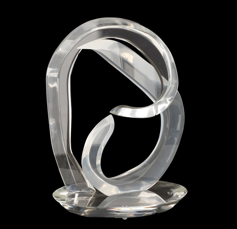 Hivo Van Teal Signed Lucite Modernist Sculpture: Hivo Van Teal (American, 20th century). "Untitled", lucite, incised signature and copyright to top of base "Van © Teal". A tabletop abstract sculpture comprising two intertwining four sided tubular f
