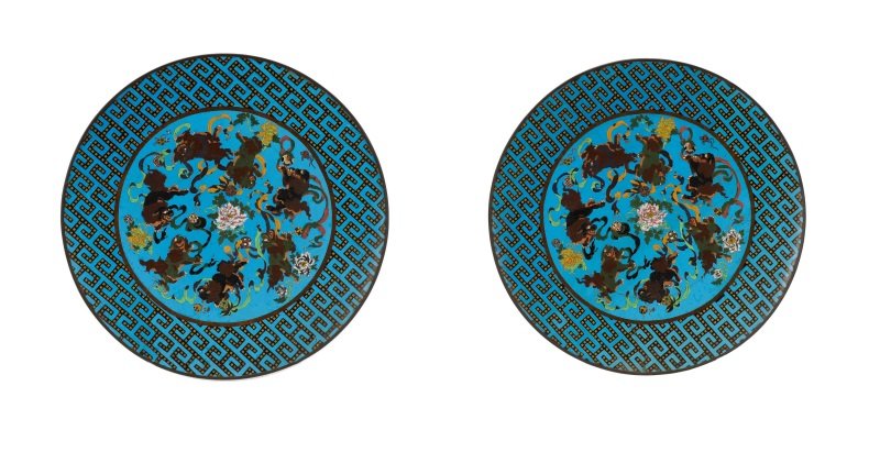 Pair of Vibrant Blue Palatial Cloisonne Chargers (1 of 10)