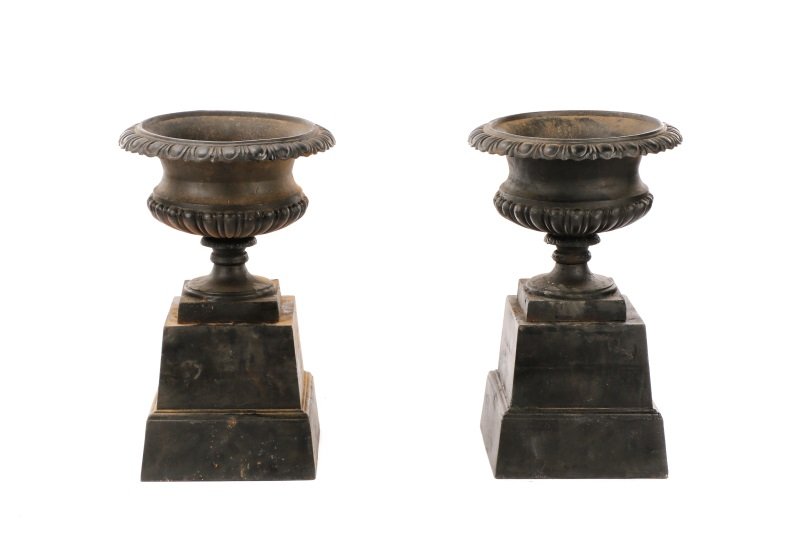 Pair Of Cast Iron Gadrooned Garden Urns On Stands (1 of 6)