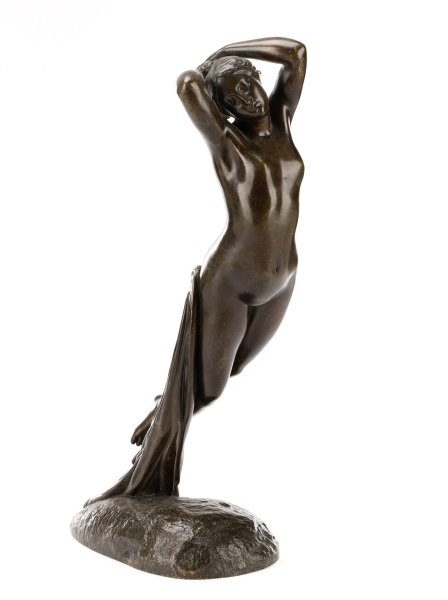 After Pollet, "Une Heure de la Nuit", Bronze: After Joseph Michel-Ange Pollet (French,1814-1870), "Une Heure de la Nuit"-1853 (later cast), bronze, signed on base "Pollet". Figural cast bronze sculpture depicting a nude woman with arms raised ove