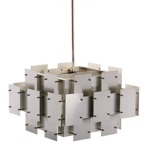 Sonneman 'Cityscape' Silver Metal Chandelier: Robert Sonneman (American (New York), 20th century), circa 1970s. Mid century modern 'Cityscape' chandelier in Brutalist form in three dimensional layout composed of a multitude of interconnected rect