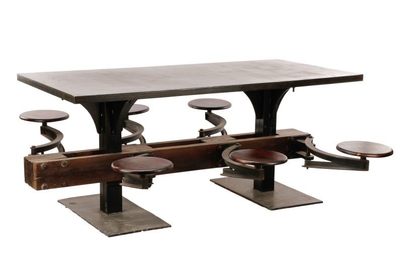 Industrial Iron, Wood 6 Seat Swing-Out Stool Table (1 of 7)