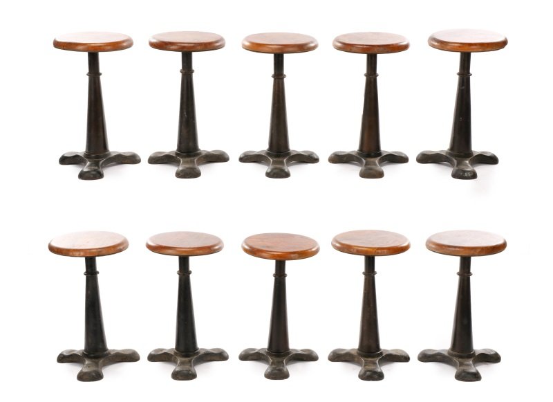 Set of 10 Stained Oak & Iron Adjustable Stools (1 of 7)