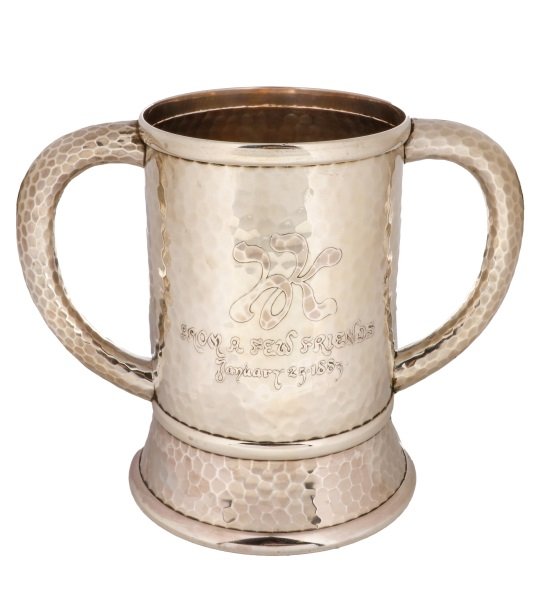 Tiffany & Co. Aesthetic Period Sterling Cooler: Tiffany & Co. (American (New York), founded 1837), circa 1881. An unusual Aesthetic Movement hand hammered sterling silver two handled wine cooler, possibly one-of-a-kind, of cylindrical form with sli