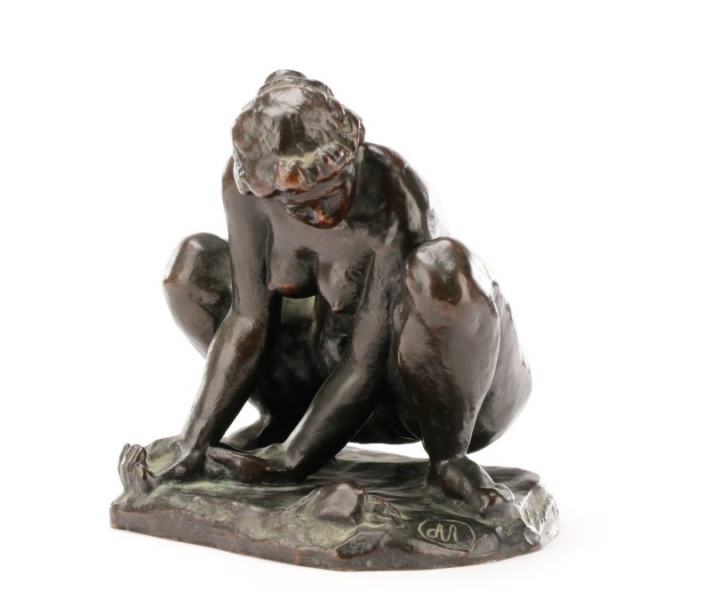 After Aristide Maillol, "Femme au Crabe", Bronze: After Aristide Maillol (French, 1861-1944), "Femme au Crabe"-1930, cast bronze, double monogrammed to top of base "M". Later casting after the sculpture by French sculptor Aristide Maillol (French, 18