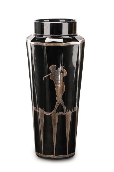Black Glass Vase with Silver Overlay Golfer Motif (1 of 9)