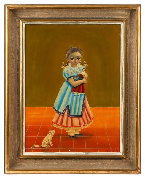 Agapito Labios, Little Girl With Dolly, Oil: Agapito Labios (Mexican, 1898-1996), "Little Girl with Dolly", oil on canvas, signed at lower right "a. Labios". Figural painting depicting a little girl in a blue collared dress with pink underskirt