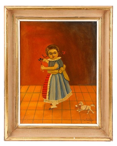 Agapito Labios, Little Girl With Dog, Oil: Agapito Labios (Mexican, 1898-1996), "Little Girl with Dog", oil on canvas, signed at lower right "a. Labios". Figural painting depicting a little girl in a blue collared dress with red apron and pigt
