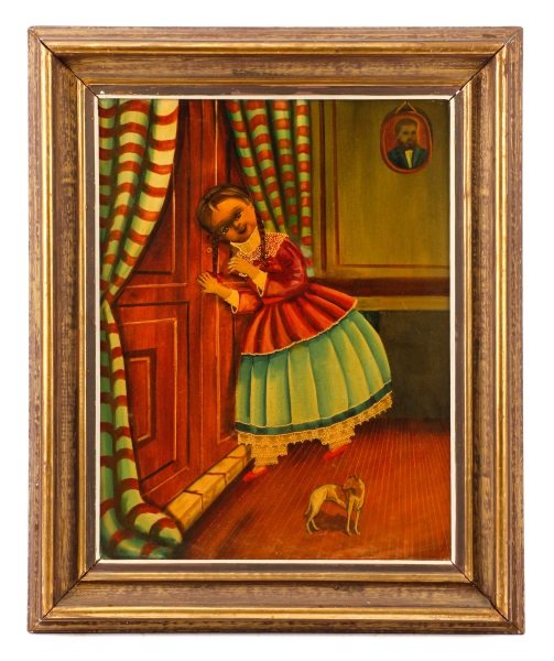 Agapito Labios, Little Girl Eavesdropping, Oil: Agapito Labios (Mexican, 1898-1996), "Little Girl Eavesdropping", oil on canvas, signed at lower right "a. Labios". Figural painting depicting a little girl in a red collared dress with green underski