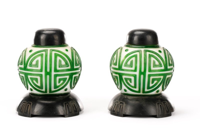 Pair, Chinese Green & White Peking Glass Lamps (1 of 9)