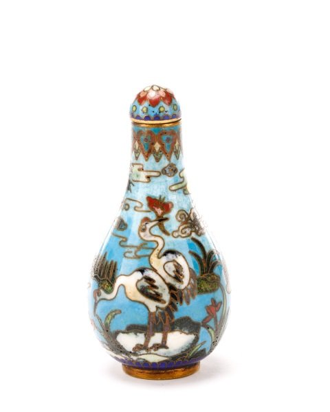 Qianlong Pd. Marked Cloisonne Snuff Bottle, Cranes (1 of 7)
