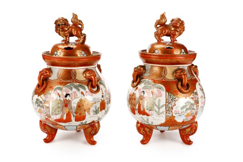Pair of Japanese Kutani Porcelain Covered Censers (1 of 9)