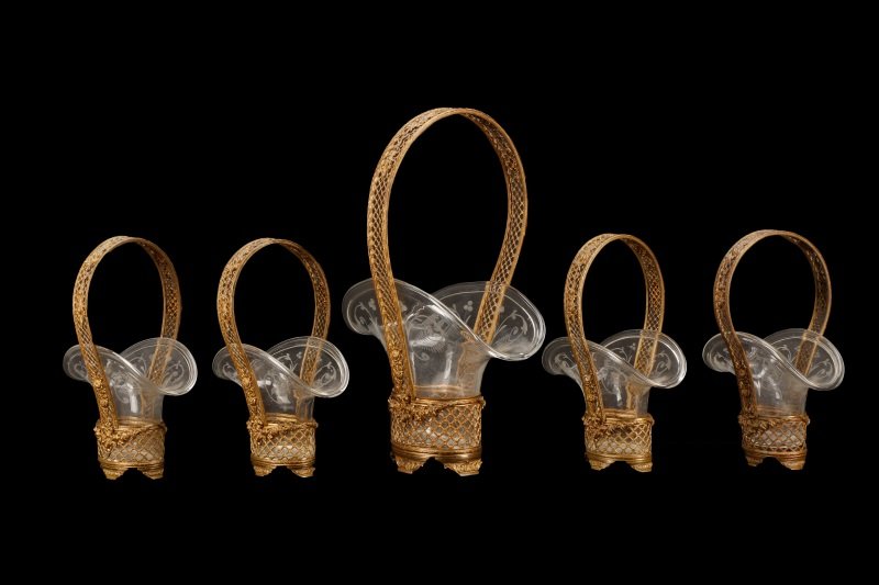 Group of Gilt Metal and Glass Basket Vases (1 of 5)