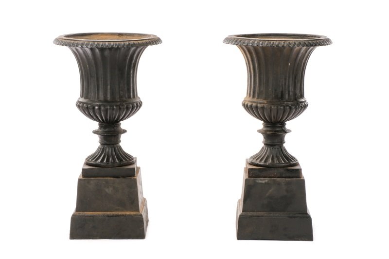 Pair Of Small Iron Gadrooned Garden Urns On Stands (1 of 7)