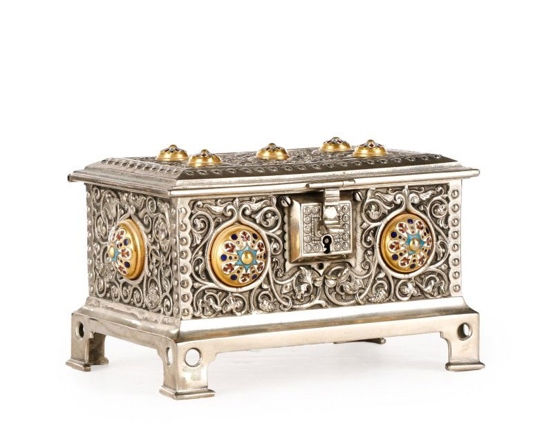 Silvered Metal Jewelry Box with Enameled Cabochons (1 of 9)