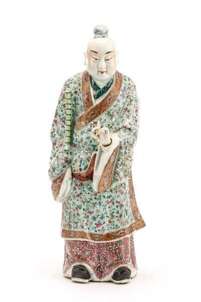 Chinese Porcelain Figure of Luxing w/ Moving Hand: Chinese, 20th century. Hand painted figural porcelain sculpture depicting the star god Lu or Luxing, the figure standing at full length wearing blue and purple robes decorated with flowers and butterf