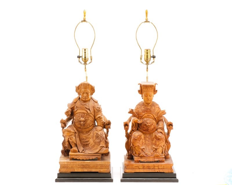 Pair, Chinese Carved Figural Table Lamps (1 of 10)