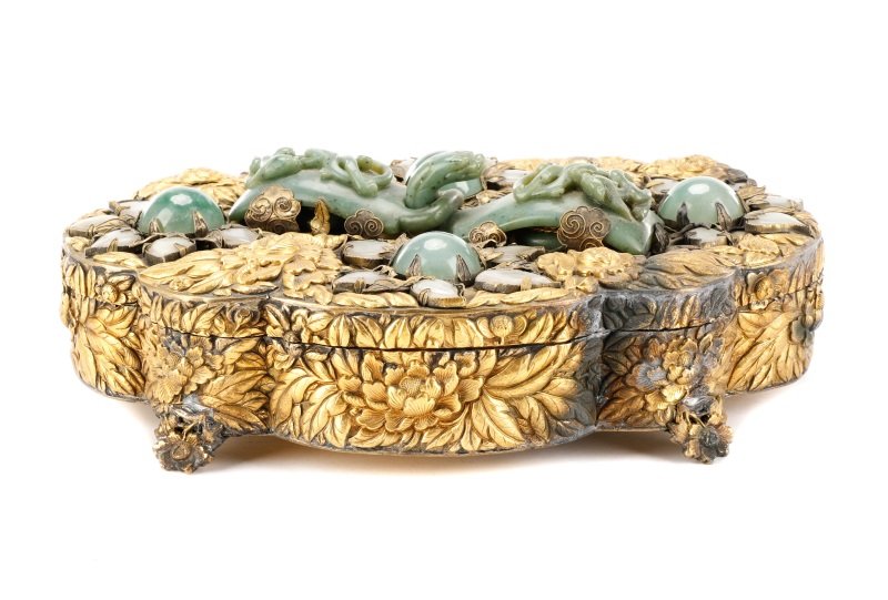 Ornate Chinese Gilt Dresser Box with Jade Mounts (1 of 10)