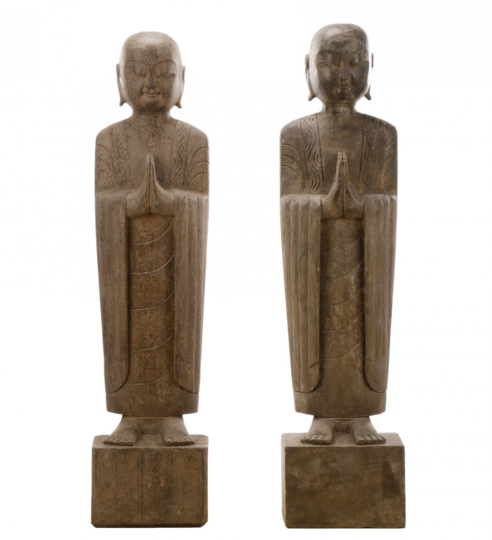 Pair, Carved Gray Stone Entryway Buddhist Lohans (1 of 9)