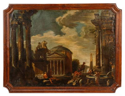 Manner Of Ricci, "Architectural Capriccio", Oil: Italian School, first half 19th century. Manner of Marco Ricci (Italian, 1676-1730), "Architectural Capriccio Scene", oil on canvas, apparently unsigned. Horizontally aligned landscape painting depict