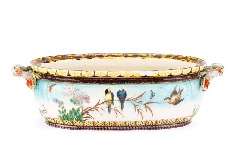 Théodore Deck Signed Large Faience Center Bowl: Theodore Deck (French, 1823-1891). A large faience decorated earthenware center bowl or console bowl of ovular form on a short ring foot, body with hand painted decoration on tondo with blue, gold, an