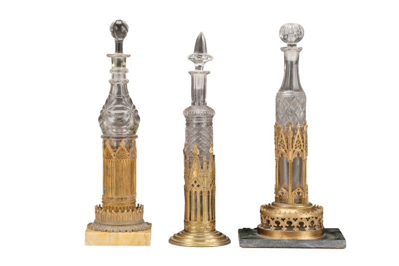 3 Scarce French Gothic Gilt Ormolu Scent Bottles (1 of 5)