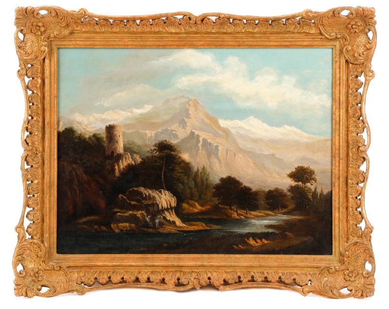 British School, View of Switzerland, Oil on Canvas: British School, 19th century. "View of Switzerland"-circa 1840-1860, oil on canvas, inscribed on verso of stretcher with title above illegible signature, possibly reading "Samuel Fellows" and 1840 or 