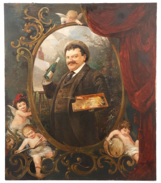 Continental School, "The Artist At Play", Oil: Continental School, early 20th century. "The Artist at Play", oil on canvas, apparently unsigned. Figural portrait painting depicting a stout man with a shaped moustache, pale green eyes and a clever 