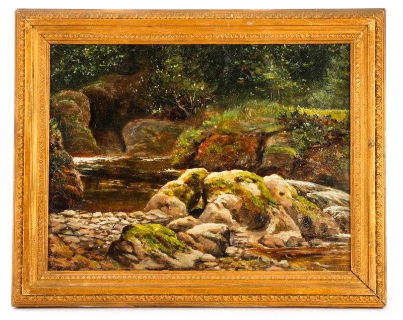 Circle of William Keith, "Forest Glen With Stream": Circle of William Keith (Scottish (active California), 1838-1911). "Glen with Mossy Boulders", oil on unstretched canvas, with graphite inscription to verso of canvas "W. Keith", with indistinct label