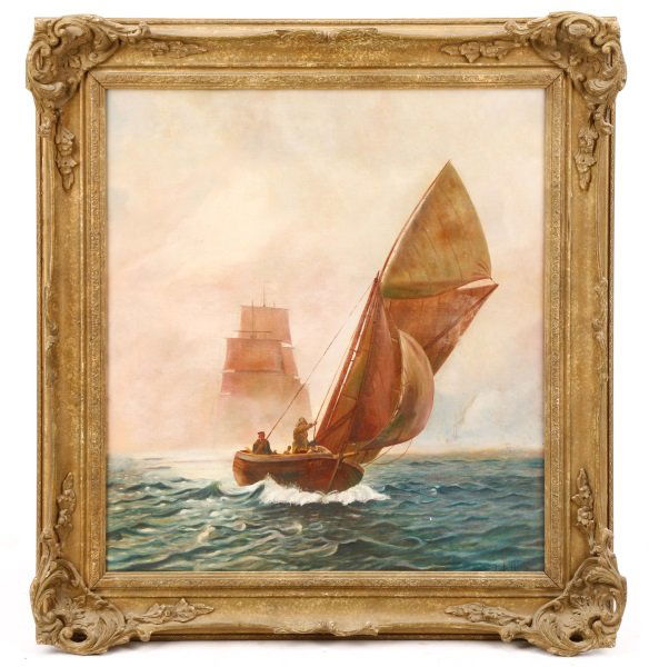 American School, "Sailors At The Mast", Oil: American School, 20th century. "Sailors at the Mast", oil on canvas, signed indistinctly at lower right possibly "Bob Humy". Figursl marine painting or seascape depicting a central sail boat in the fo