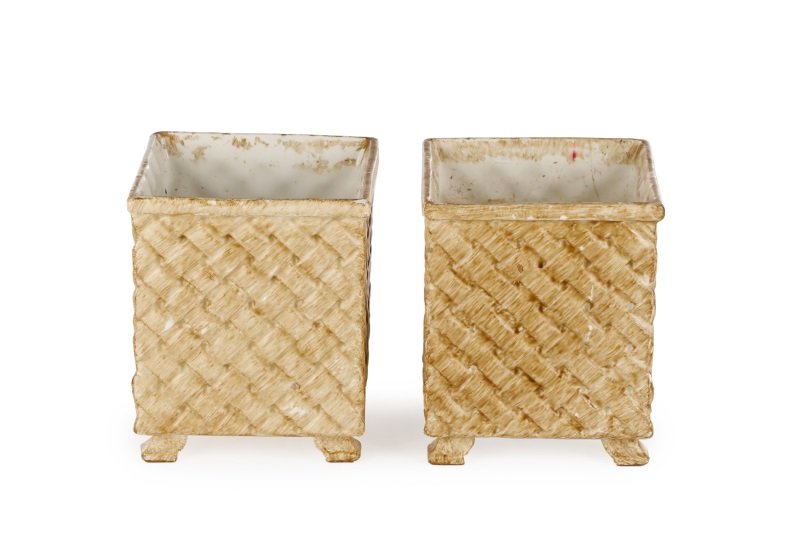 Pair, Spanish Majolica Basket Weave Cache Pots (1 of 7)