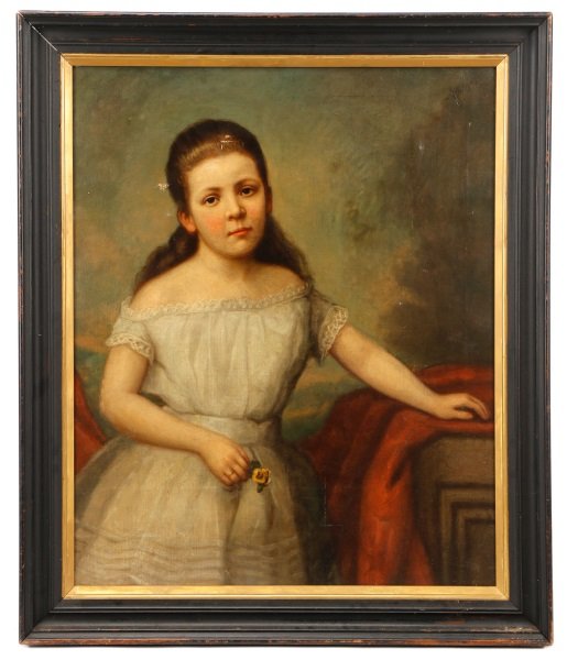 Continental, "Little Girl With Pansies", Oil: Continental School, 19th century. "Little Girl with Pansies", oil on canvas, apparently unsigned. Figural portrait painting depicting a young girl with soft dark eyes and rosy cheeks, dressed in an of