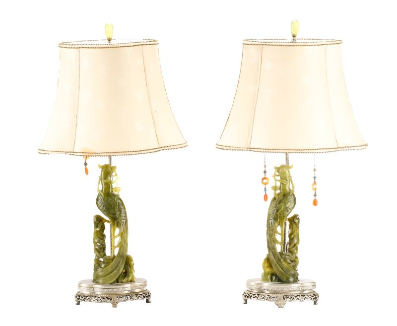 Pair of Chinese Carved Hardstone Phoenix Lamps (1 of 10)