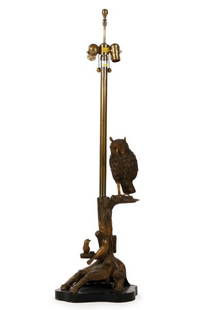 Marbro Figural Brass Owl Table Lamp, Mid 20th C.: Marbro Lamp Company (American, California, 1940s-1990s), mid to late 20th century. A figural brass two-light table lamp, having a long neck connecting to a sculptural stump base, with an upper