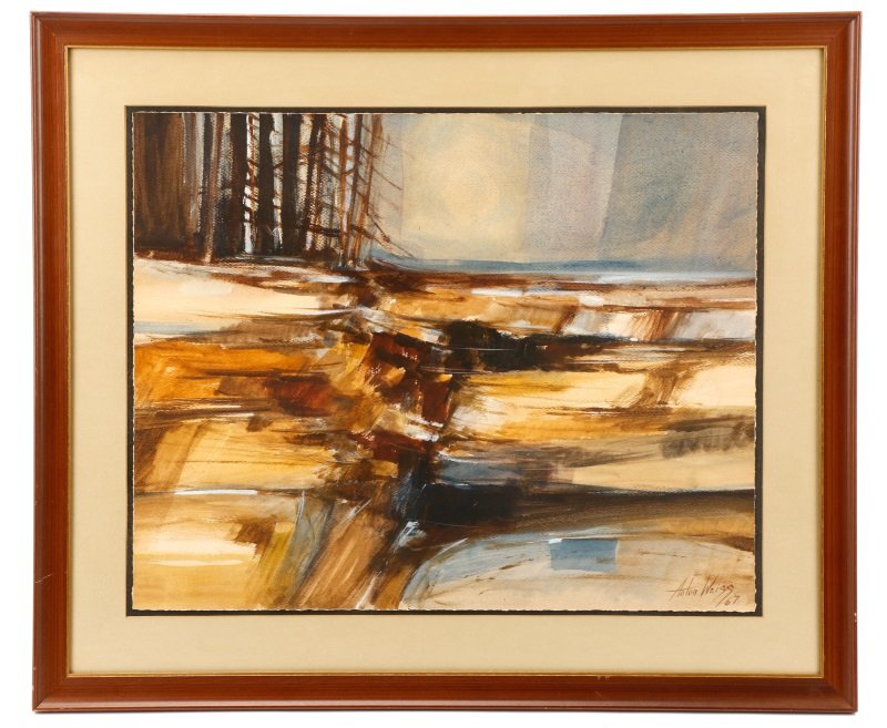 Anton Weiss, "Landscape In Abstraction", 1967: Anton Weiss (Yugoslavian, 20th / 21st century), "Untitled (Landscape in Abstraction)"-1967, watercolor on paper, signed and dated at lower left "Anton Weiss 67". Abstracted landscape painting depictin