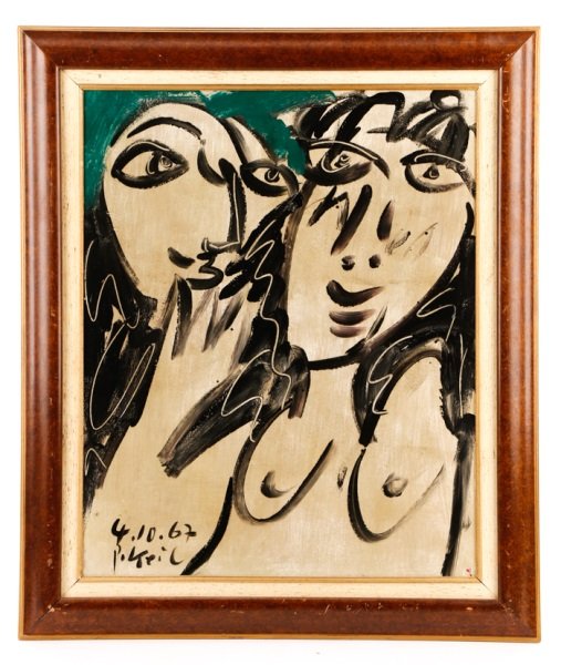 Peter Robert Keil, "The Couple", Oil, 1967: Peter Robert Keil (German (active United States), b. 1942-), "The Couple"-1967, oil on Masonite, signed and dated at lower left "4.10.67 P. Keil". Gesturally rendered figural abstract expressionist pa