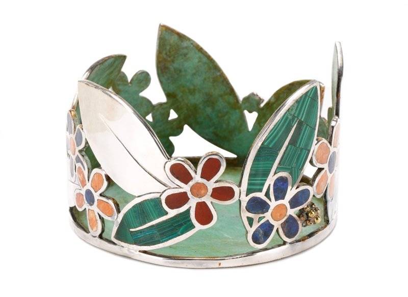 Emilia Castillo Stone Inlaid Silver Wine Coaster: Emilia Castillo (Mexican (Taxco), 20th century - contemporary) for Los Castillo. A silver plated wine coaster of round form with pierced gallery of leaves and semi-precious stone inset flower blossoms