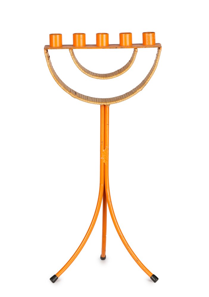 Style of Arthur Umanoff For Raymor Candelabra: American, mid to late 20th century. A five light orange enameled steel candelabra in the style Arthur Umanoff for Raymor, having a double semi-circular top, each portion wrapped in rattan, mounted wit