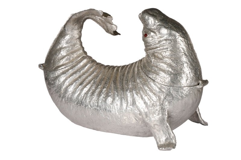 Arthur Court Figural Manatee Double Wine Cooler: Arthur Court (American (California), founded 1966). A cast aluminum figural double champagne cooler in the form of a manatee or sea cow depicting the marine mammal resting on its belly with front flip