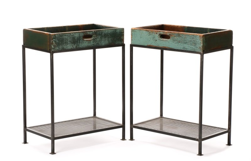 Pair, Tall Iron and Wood Industrial Side Tables (1 of 9)