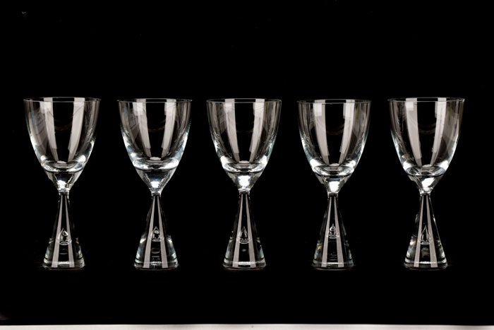 Set of 10 Holmegaard Princess Wine Glasses, Signed: Designed by Bent Severin (Danish, 1925-2012), for Holmegaard Glass (Danish, founded 1825), circa 1970s. A matched set of ten 'Princess" claret size wine glasses having a tapering bowl supported by a c