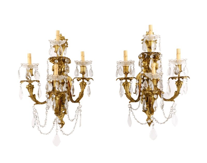 Pair, Gilt Bronze Neoclassical 4 Light Sconces (1 of 6)