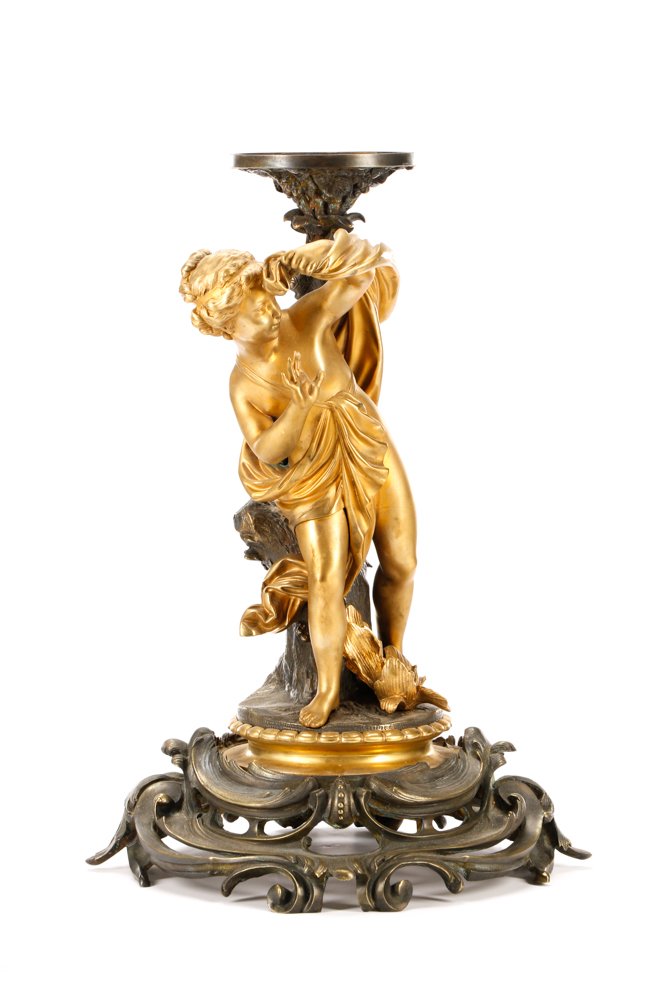 Austrian Gilt Bronze Classical Nude Figural Tazza: Continental School (likely Austrian), late 19th/ early 20th century. A cold painted bronze figural sculpture depicting a classical female nude standing in full length with drapery obscuring her lower 