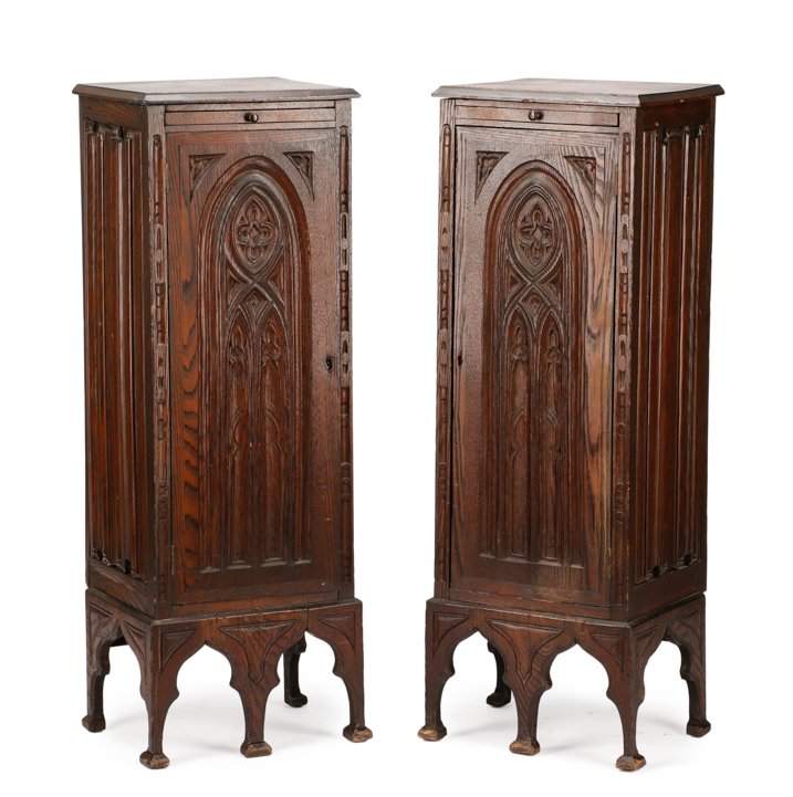 Pair, English Gothic Revival Stained Oak Cabinets (1 of 10)